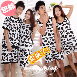 Free shipping Sleepwear female 100% cotton at home service short-sleeve male lounge summer women's lovers sleep set