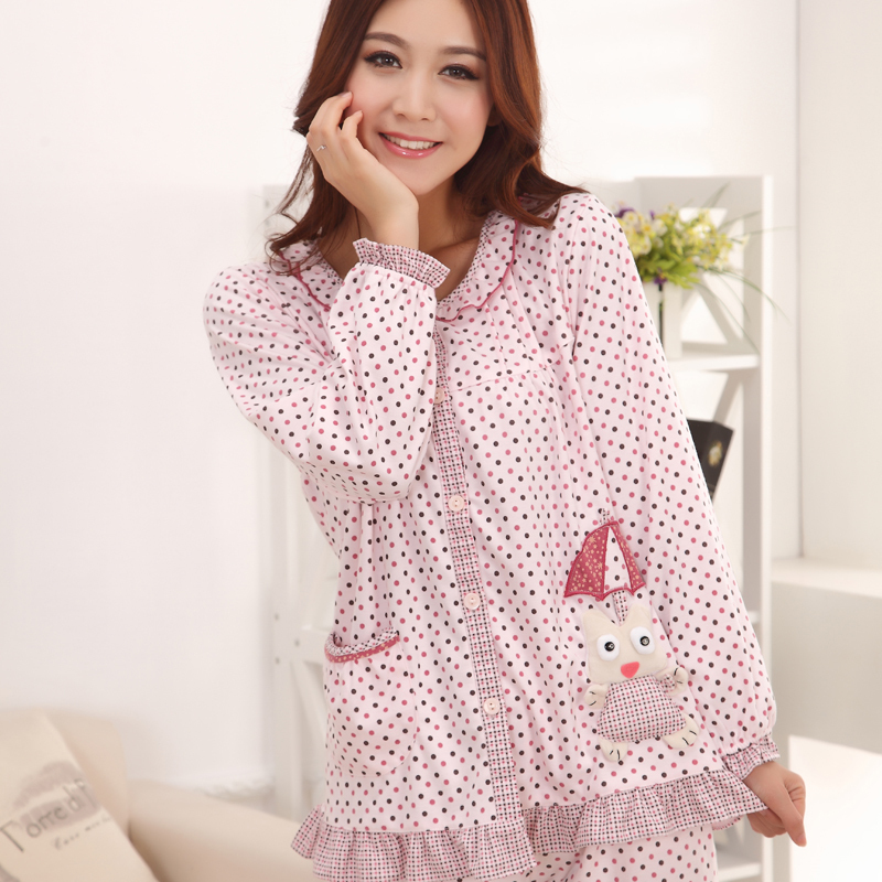 Free Shipping ! Sleepwear female 100% cotton long-sleeve set dot sleepwear women's plus size mm lounge