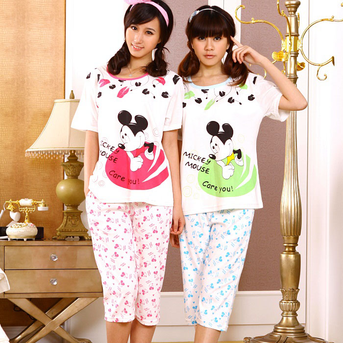 free shipping Sleepwear female summer cotton sleepwear short-sleeve o-neck set cartoon lounge women's summer 669