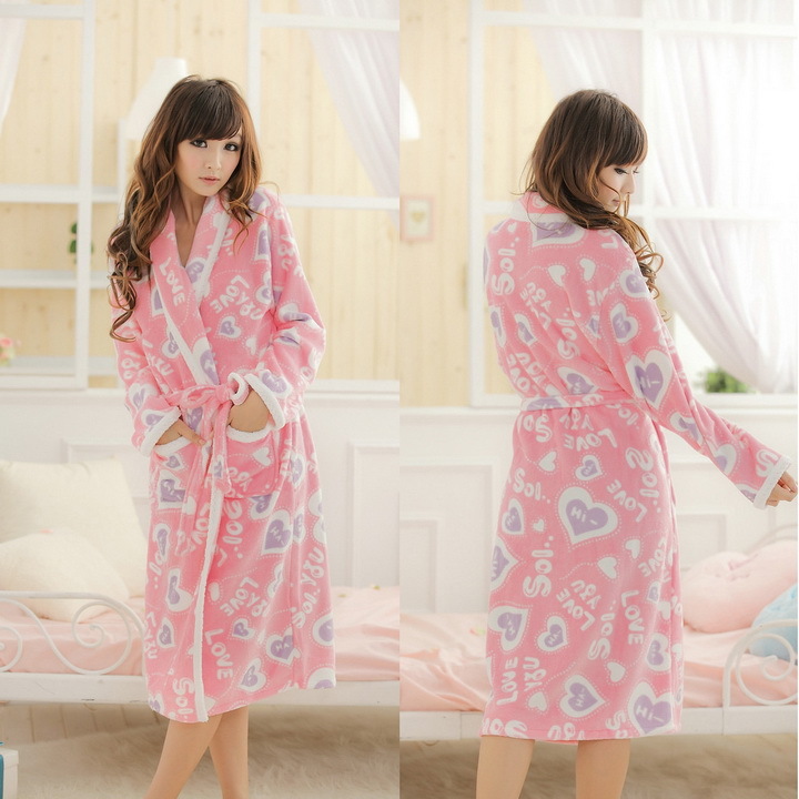 Free Shipping Sleepwear female women's heart coral fleece robe love letter coral fleece bathrobe