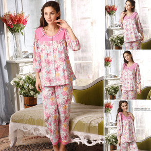 Free Shipping Sleepwear spring 100% cotton noble Women long-sleeve lounge set z6705 Sleep & Lounge