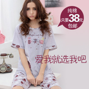 FREE SHIPPING Sleepwear women's knitted cotton cartoon sleep set summer short-sleeve sleep set