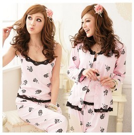 Free shipping sleepwear women's long-sleeve rose 3 pieces set sleepwear sexy princess