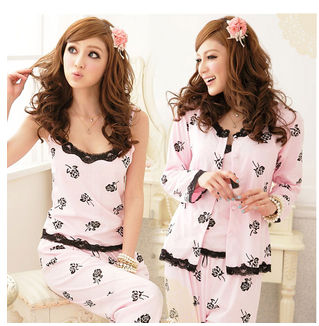 Free shipping sleepwear women's long-sleeve rose 3 pieces set sleepwear,warm sexy pajamas,lovely cotton nightwear