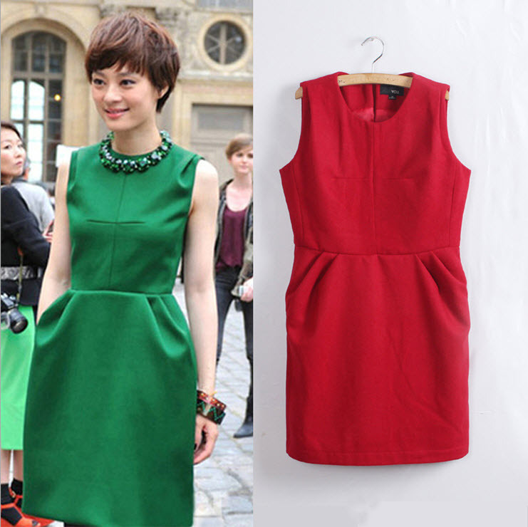 Free Shipping,Sleeveless Vest Woolen Green Dress ,Autumn and Winter Involucres Dress