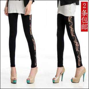 Free shipping,slim 100% cotton patchwork lace legging lengthen faux leather lace ankle length trousers plus size