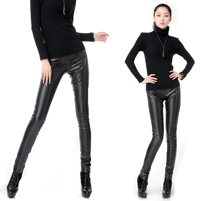 Free shipping Slim leather pants plus size long design basic leather pants female plus velvet legging tight skims