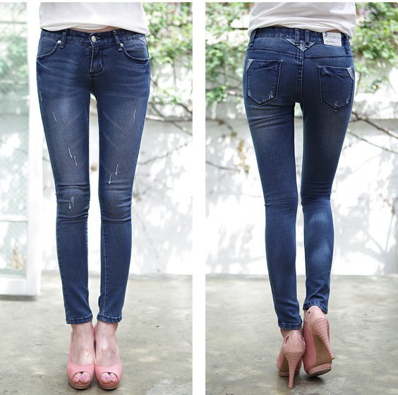 Free Shipping Slim legs 2013 butt-lifting Dark Blue distrressed denim skinny pants pencil pants trousers 43958