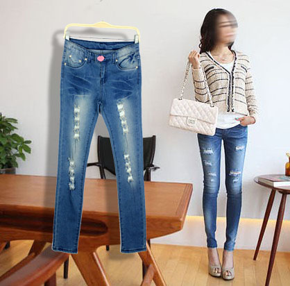 Free Shipping Slim legs 2013 butt-lifting distrressed light blue denim trousers skinny pants pencil pants a2459