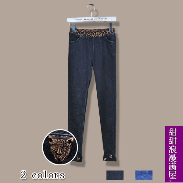 Free Shipping Slim legs 2013 metal quality leopard head pencil casual denim trousers