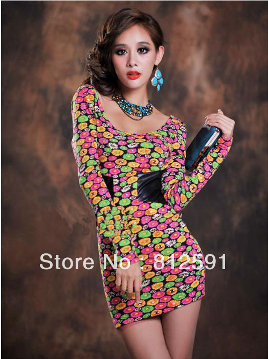 Free Shipping Slim Sexy Flower Print Stitching Leather Girdle Lady Dress