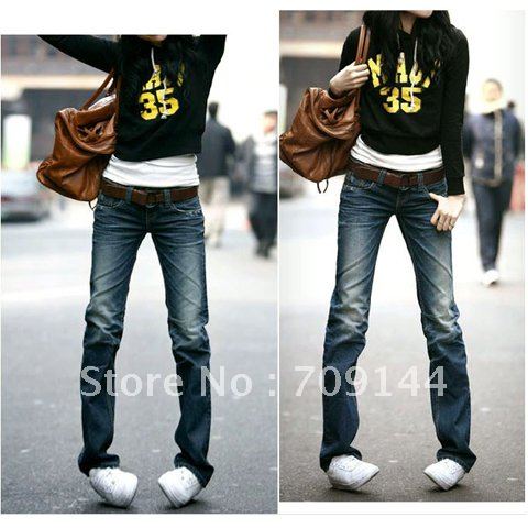 Free Shipping Slim Special Back-Pocket Old Style Frills Dark Blue Jeans For Women