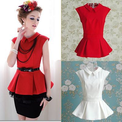 Free shipping slim turn down collar sleeveless beautiful top skirt solid casual women pleated blouse shirt new fashion 2013