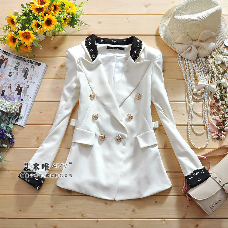 Free Shipping, Slim women's cutout flower V-neck elegant double breasted slim waist pads blazer 55695