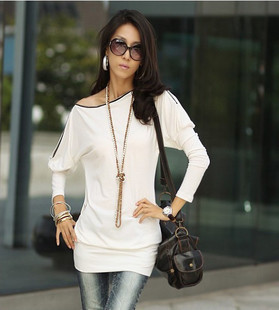 Free shipping Slim zipper collar bat sleeve cotton T-shirt  loose T-shirt/women's tops/Wholesale/Retail