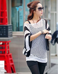 Free Shipping Slit neckline fishing net cutout knitted batwing sleeve stripe sweater shirt 5302b MY