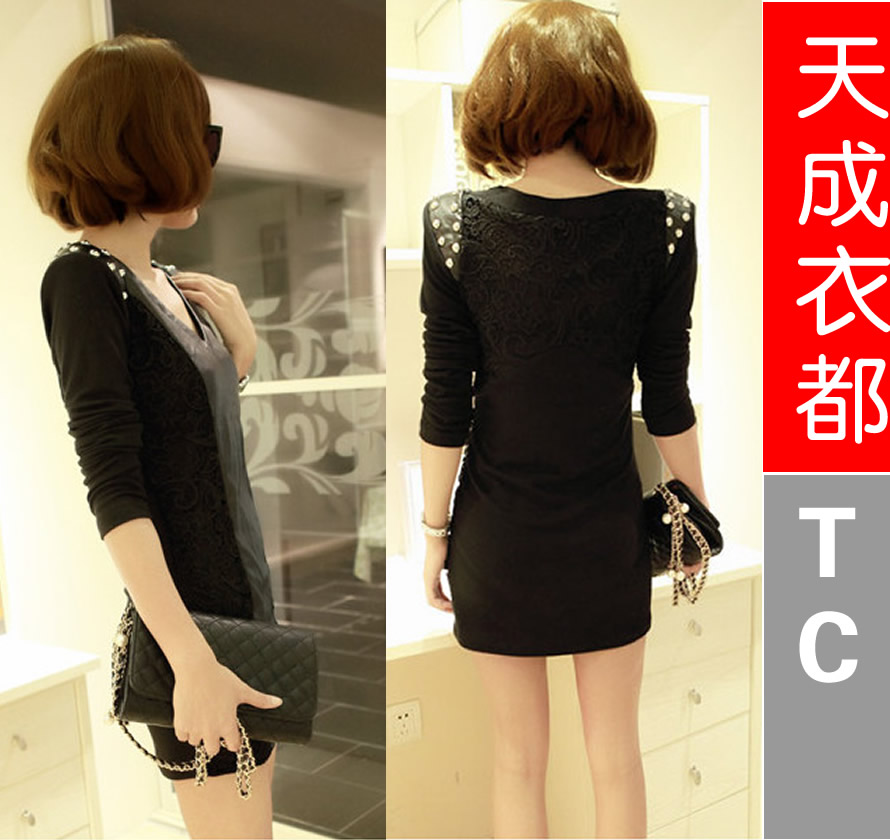 Free shipping Slopwork spring 2013 dress sexy slim hip leather skirt long-sleeve dress