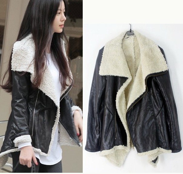 free shipping Sly large lapel dovetail style leather clothing irregular sweep berber fleece patchwork outerwear