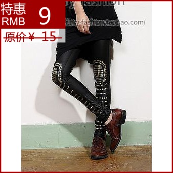 Free shipping Small breathable bronzier polka dot elastic tight legging faux leather black legging bsk