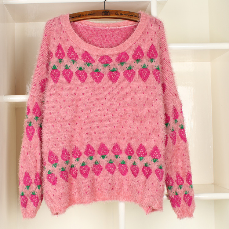 free shipping Small fresh female small strawberry vintage loose pullover sweater