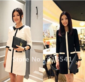 Free shipping/Small ladies elegant black and white color puff sleeve dress QZ12003D