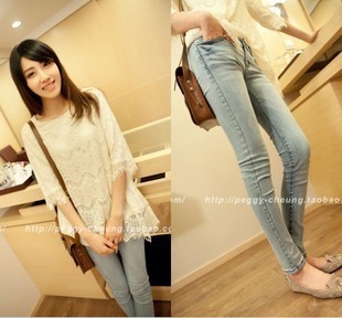 Free Shipping Small water wash wearing white light color jeans trousers pencil pants skinny pants