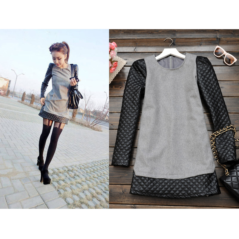 Free shipping Small woolen patchwork leather shoulder pads female slim all-match elegant one-piece dress