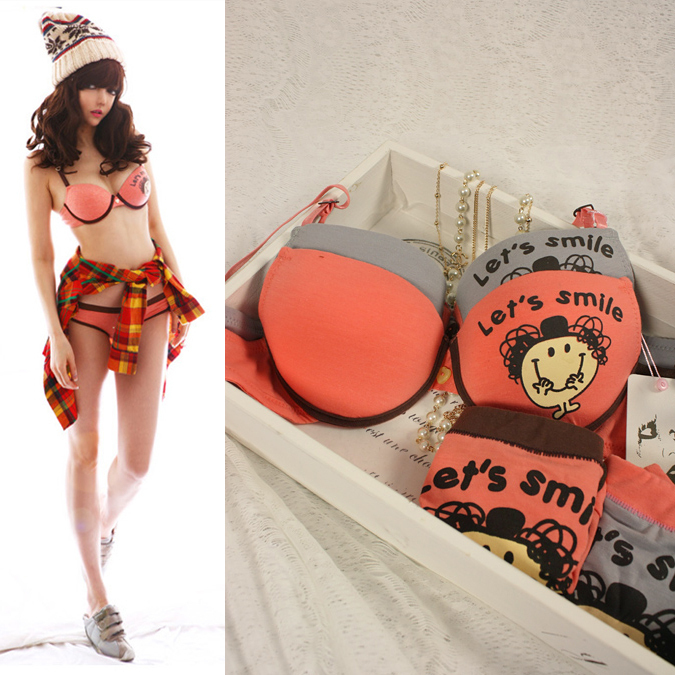 Free shipping Smiley doll 100% cotton cartoon letter push up bra underwear set 9009 women's