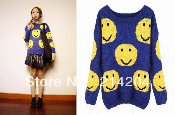 Free Shipping!"Smiling Face" Blue Jumper women fashion o-neck long sleeve knitted sweater super hot sale pullover  Free Size