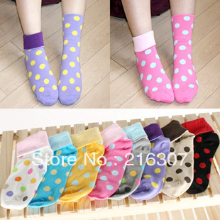 Free Shipping Socks big polka dot roll up hem 100% cotton socks