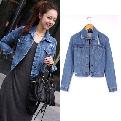 Free shipping solid color distrressed turn-down collar denim short jacket denim coat