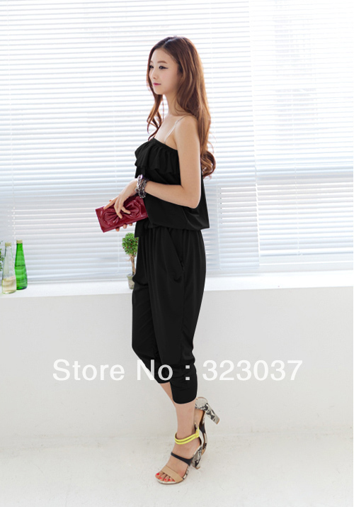 FREE SHIPPING SOLID COLOR FLOUNCE ELASTIC WAIST STRAPLESS JUMPSUIT 2COLOR SZIE S WF-0200