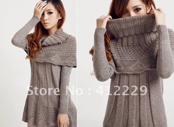 Free shipping solid  full sleeve  with shawl scarf  knitwear casual women knitted sweater coat dress pullovers new fashion 2012