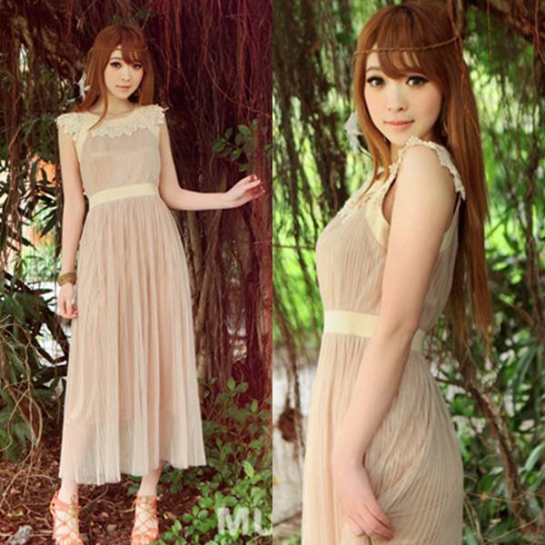 Free shipping solid lace patchwork sleeveless women princess pleated  chiffon long dress new fashion 2013