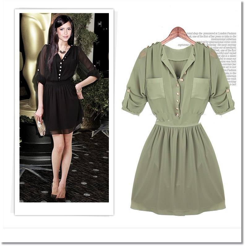 Free shipping solid three quarter sleeve button pocket ladies pleated slim casual dress new fashion