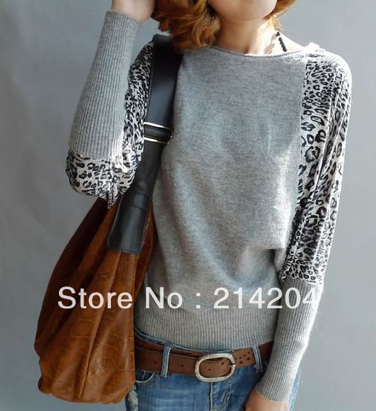 Free Shipping!Splicing Leopard Print Gray Jumper women new arrival spring batwing sleeve loose pullover o-neck knitted sweater