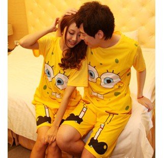 Free shipping  Spongebob Cartoon clothes Couples household sleep dress  knitted Pajama Sets