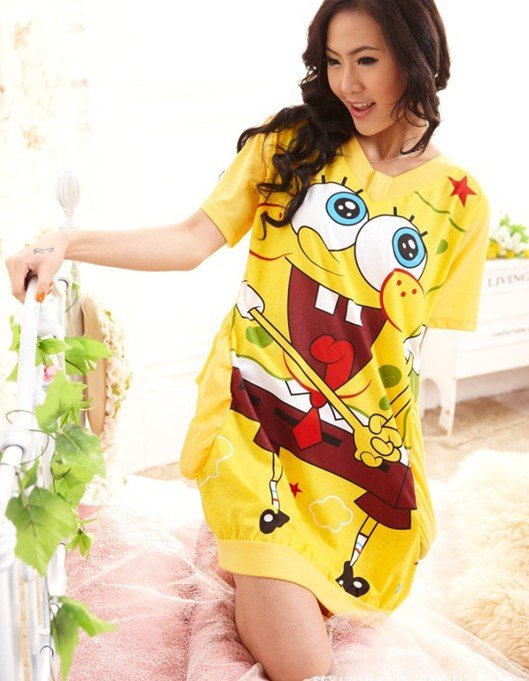 Free shipping  Spongebob character Cartoon household sleep dress worsted cotton Pajama Sets