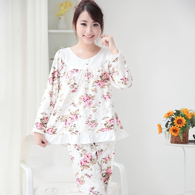 Free Shipping Spring 100% cotton lounge long-sleeve plus size women's sleep set