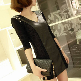 Free Shipping Spring 2013 dress sexy slim hip leather skirt beading long-sleeve spring one-piece dress