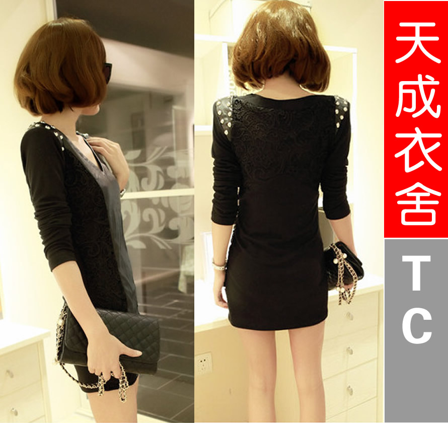 Free shipping Spring 2013 dress sexy slim hip leather skirt beading long-sleeve spring one-piece dress