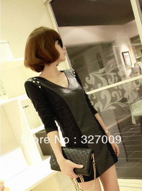 Free shipping Spring 2013 dress sexy slim hip leather skirt beading long-sleeve spring one-piece dress