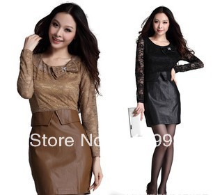 Free Shipping Spring 2013 fashion and fashion splicing leather skirt new slim dress dress lace