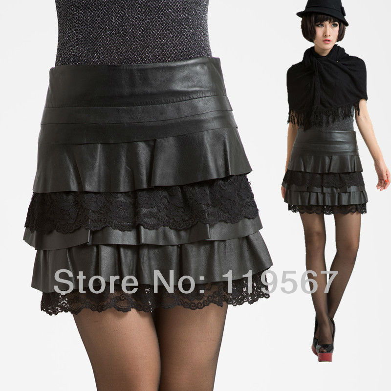 Free Shipping!  Spring 2013 New  Arrival Women  Fashion Black  Leather Skirt With 100% Genuine Sheepskin Lace Patchwork