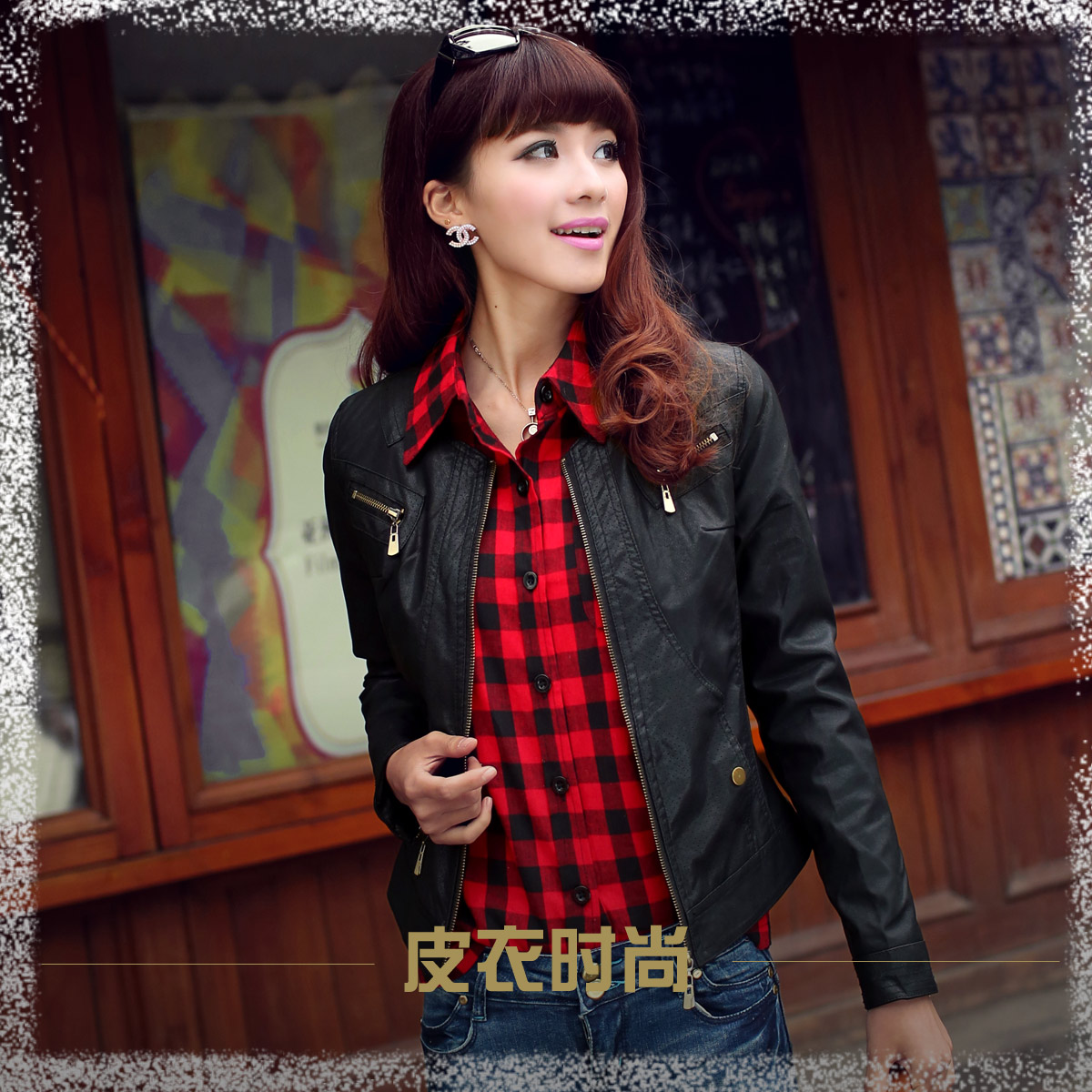 Free shipping! Spring 2013 women's fzl0838 leather clothing o-neck long-sleeve