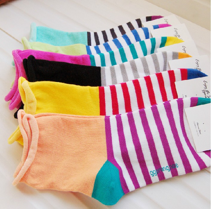 Free shipping spring and autumn 100% cotton socks candy color block decoration and stripe  sock pile of women socks