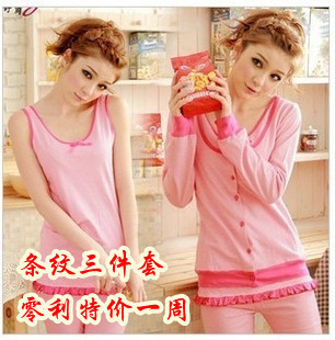 Free shipping Spring and autumn cute sleepwear female 100% cotton long-sleeve summer stripe piece set casual lounge set