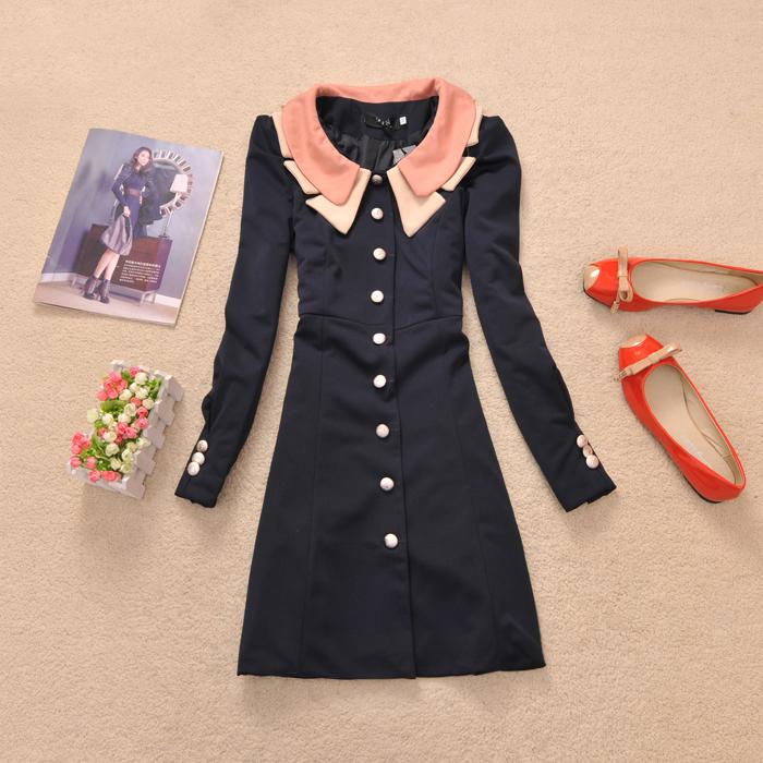 Free shipping Spring and autumn fashion slim double collar block color medium-long outerwear trench 704