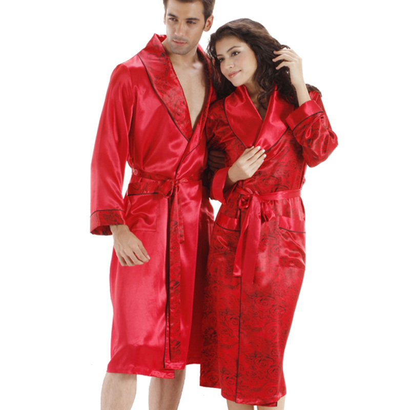 Free shipping Spring and autumn faux silk marry lovers sleepwear lounge red ceremonized women's robe