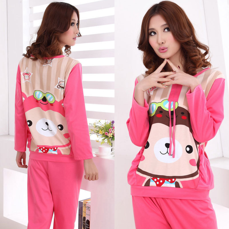 free shipping Spring and autumn hiphop monkey women's sleepwear cotton long-sleeve cartoon nightgown set lounge